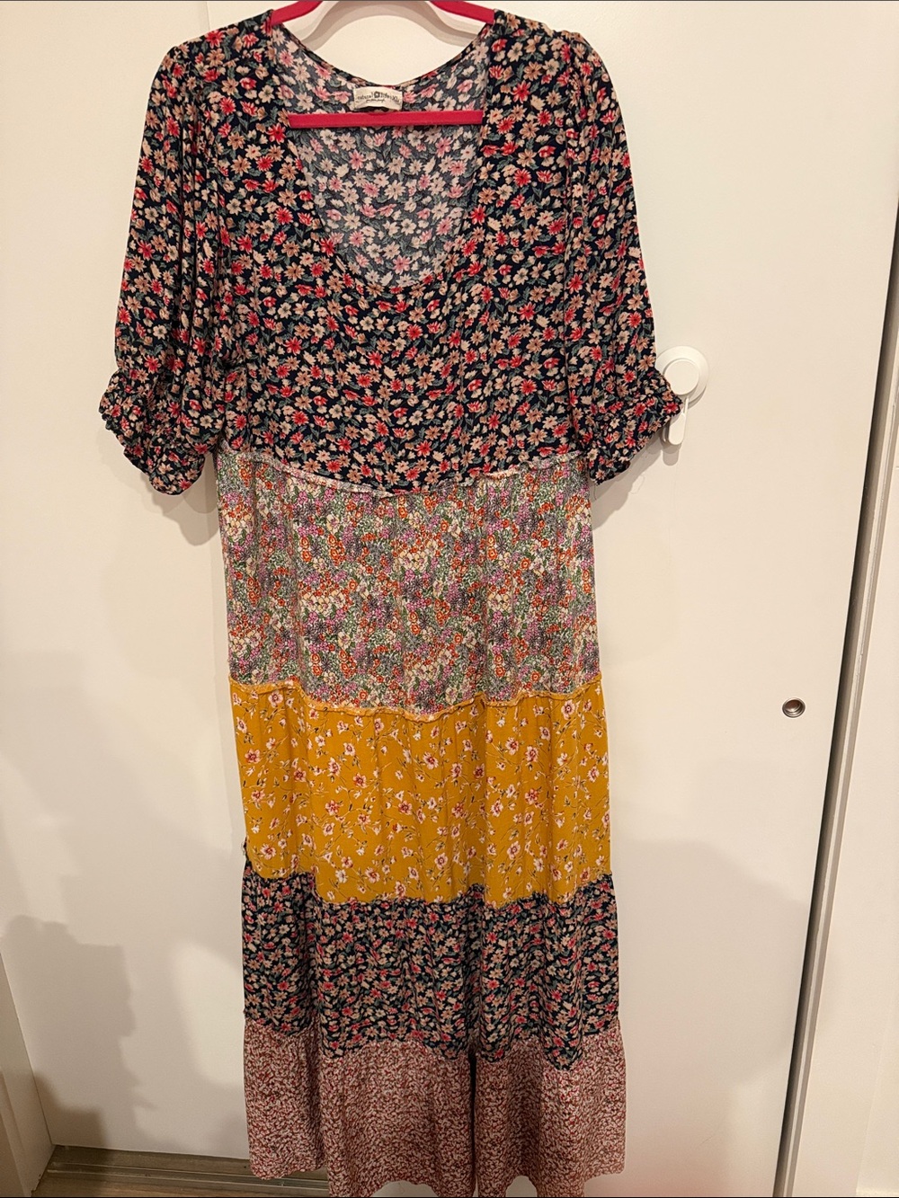 NATURAL LIFE Mixed Floral Tiered Maxi Dress in Black, Mustard and Pink